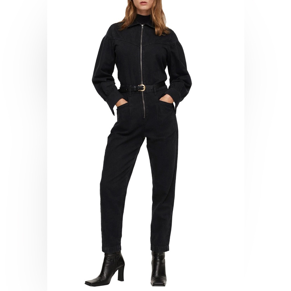Denim collared long sleeve straight leg jumpsuit with front zip closure